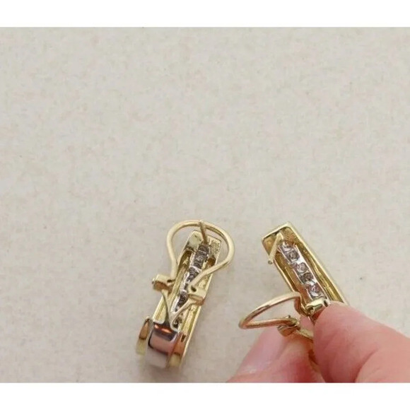 10k Yellow Gold & White Gold Diamond Hoop Earrings Omega Back - Picture 6 of 8